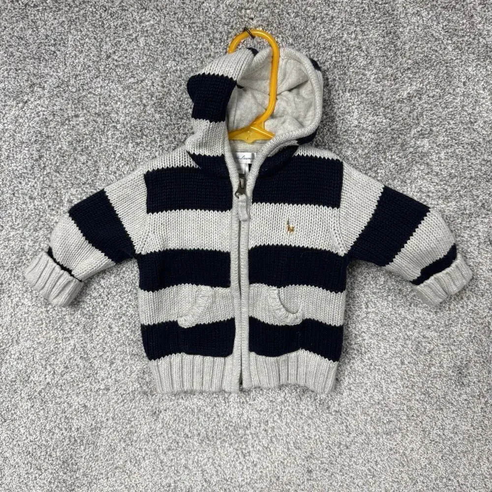 Ralph Lauren Hooded Sweater 6 Month 100% Cotton Full Zip Chunky Knit Cozy Preppy